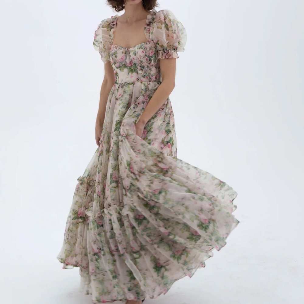 Selkie Garden Roses Ritz Puff-Sleeve Silk Gauze Maxi Dress - Pink Floral